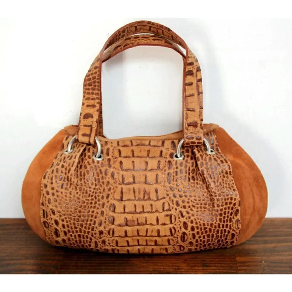 CB Pelletterie BROWN CROCO EMBOSSED GENUINE LEATHER ZIP TOP SMALL HANDBAG PURSE